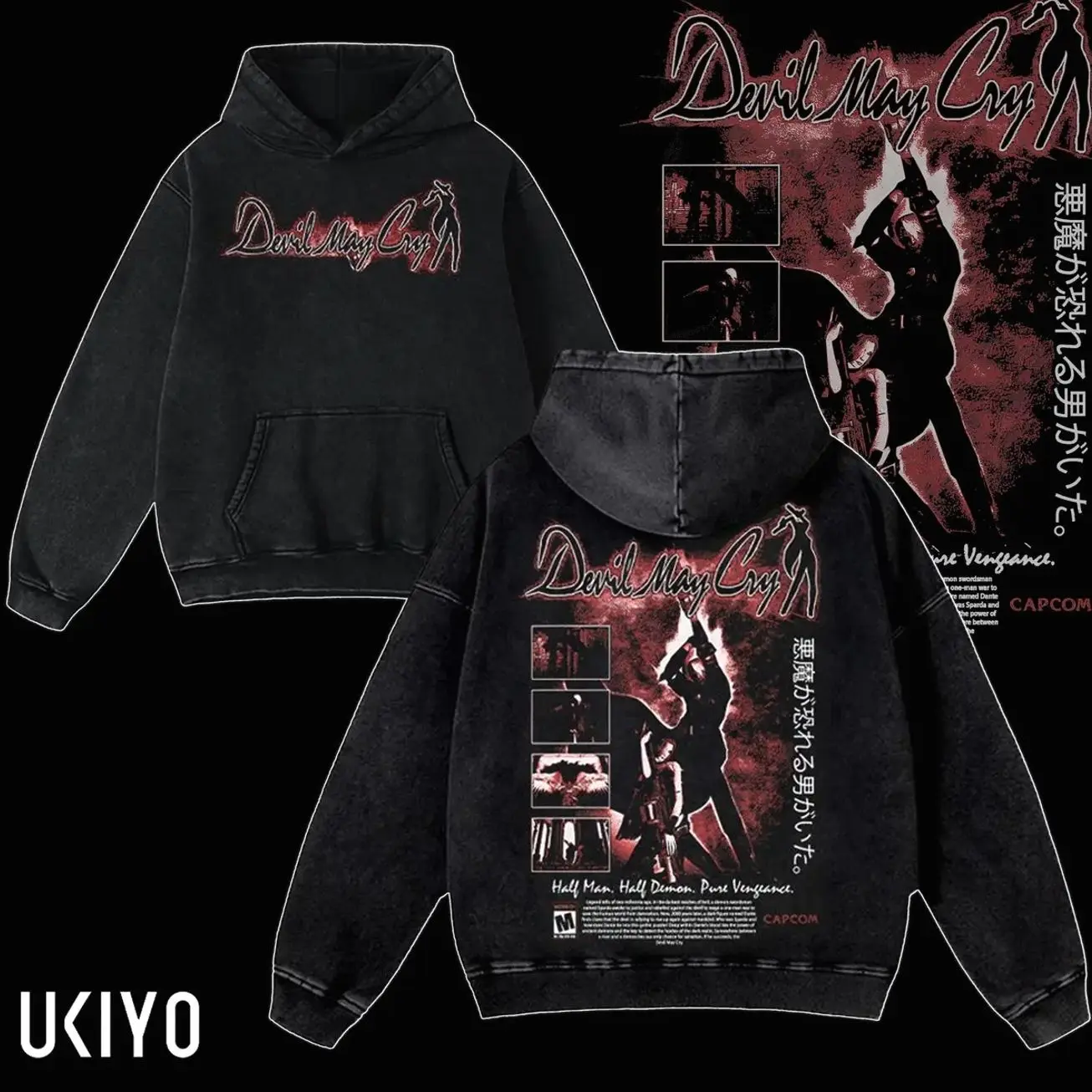 Devil May Cry Dante Hoodie Sweatshirt T-Shirt Vintage Washed Heavyweight Fleece Graphic Sweatshirt Anime Game Printed Oversized Pullover Gamer Apparel Gift 84B