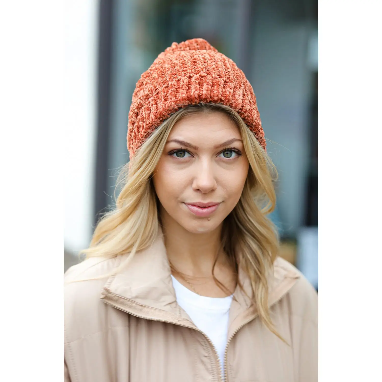 Rust Knit Velvet Chenille Fold Over Beanie