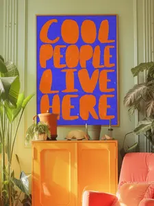 People Live Here Print, 70s Retro Typography, Orange & Blue