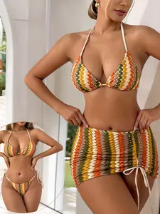 Women's New Multi-Color Sexy Two-Way Colorblock Bikini Set, Three-Piece Swimsuit, Fashionable and Stylish Beachwear