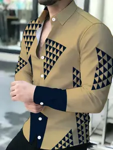 Men's Long Sleeve Collared Khaki Geometric Shirt