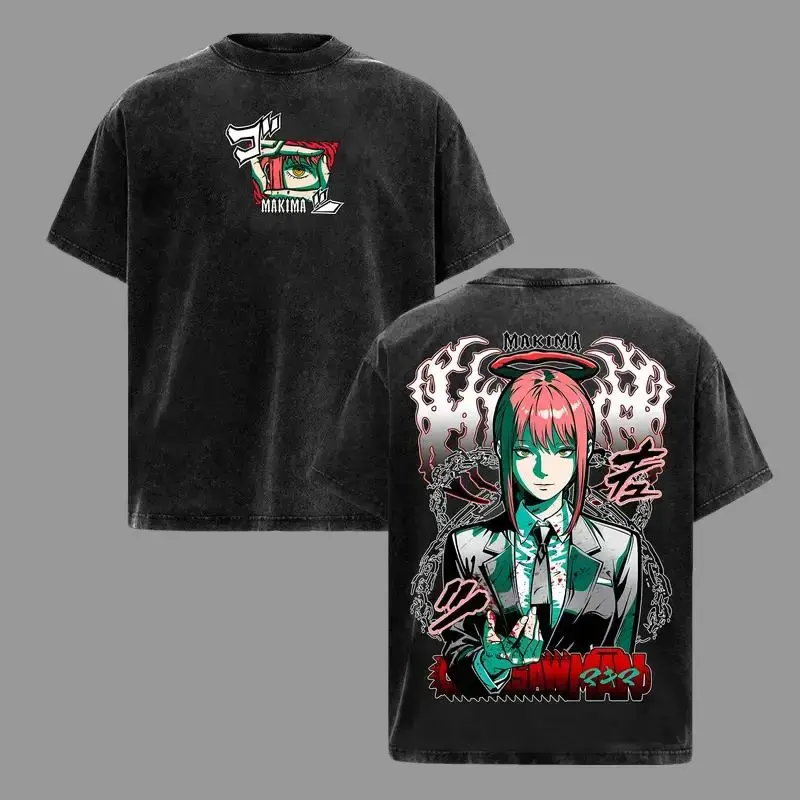 Men's Short-Sleeve Makima Chainsaw Man Vintage Washed Tee, Menswear Top, Control Devil Anime Graphic Streetwear, Japanese Manga Gift for Anime Lovers Casual Crewneck Tshirt