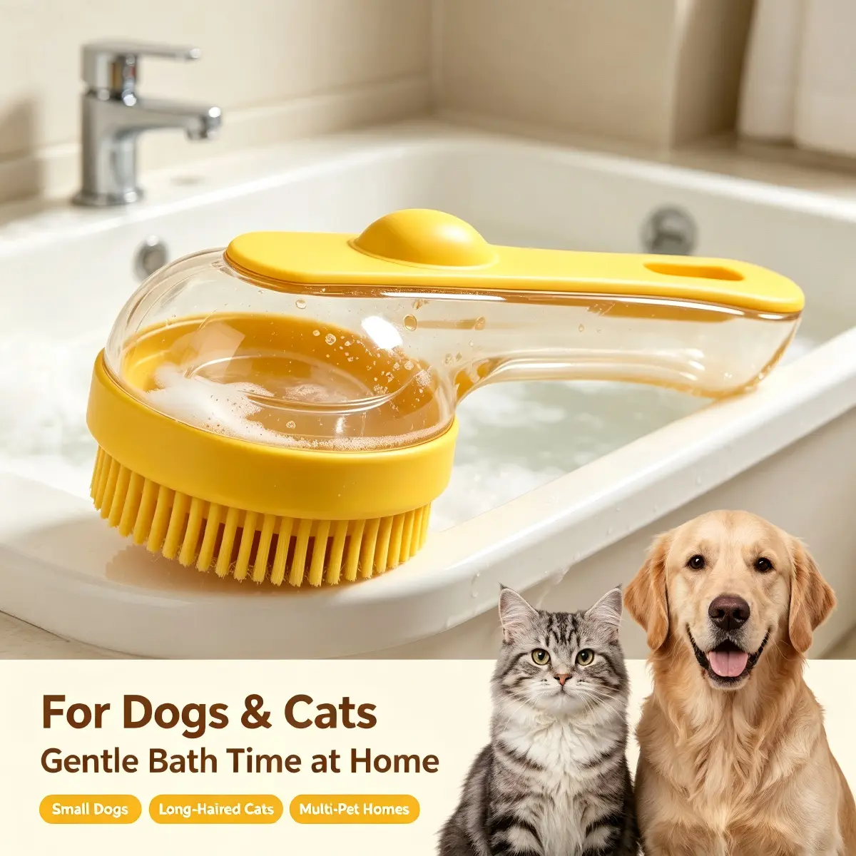 Pet Grooming Brush with 80ml Shampoo Dispenser - Soft Silicone Bath Brush for Short-Hair Dogs, Grooming Supplies with Non-Slip Grip, Deshedding Massage Tool, Shampoo on Demand Pet Accessory Gift