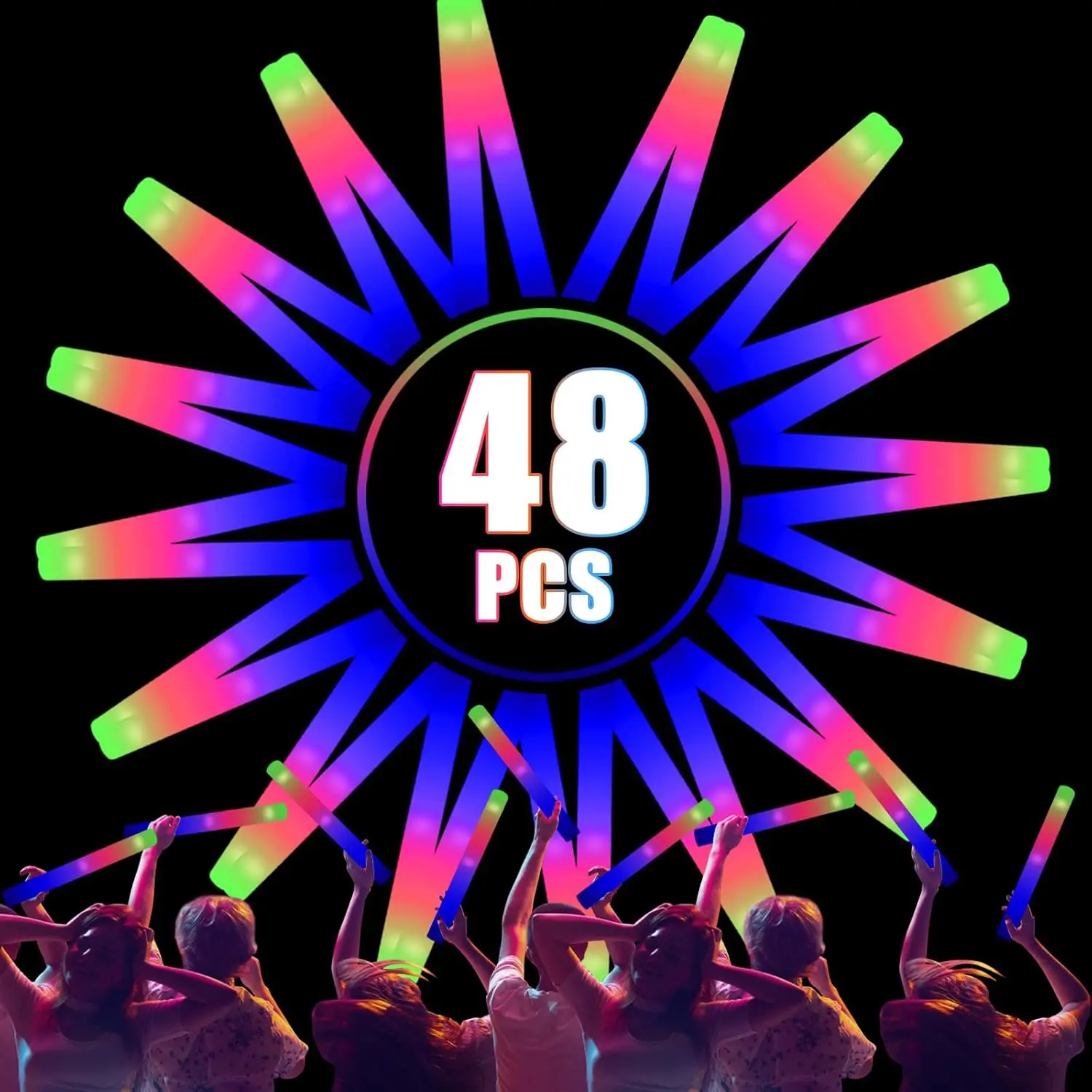 48/96 Pcs LED Foam Glow Sticks, Glow Sticks Bulk Light Up Party Favors For Kids 4-8 8-12 Glow In The Dark Party Supplies For Boys Girls Adults Hallowe