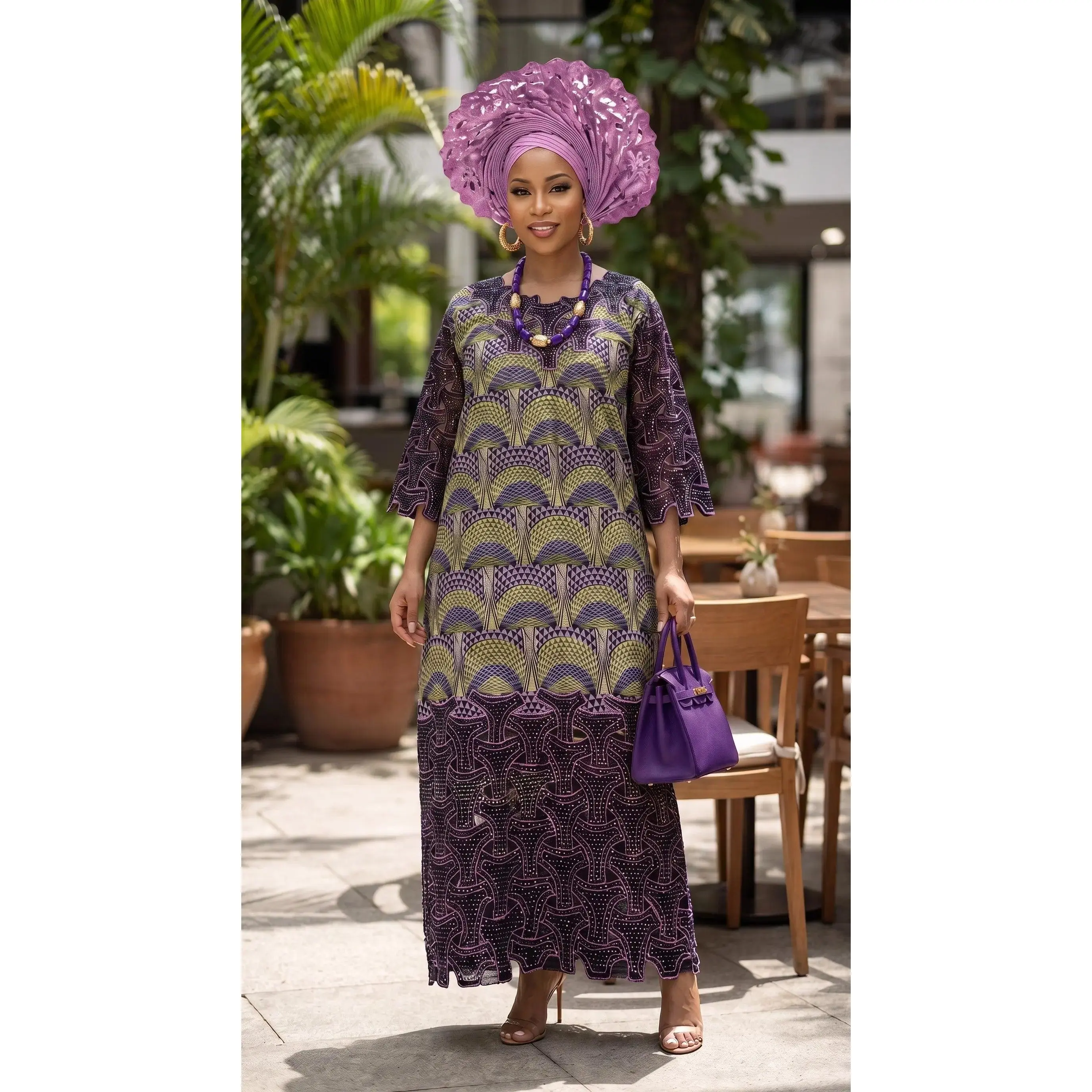 Ijooya African Embroidered Rhinestone Maxi Dress for Women | Purple Ankara Party Dress | Nigerian African Fashion | Dupsie's African Fashion DPDBPGRD