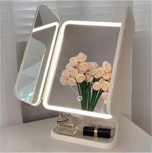 Lighted Makeup Vanity Mirror, Height Adjustable Trifold Mirror with Seamless Light Strip, 1X/2X/3X/10X Magnification, 2000mAh Rechargeable Desk Mirror, Dimmable 3 Color Lighting – Ideal Gift for Mom on Mother's Day