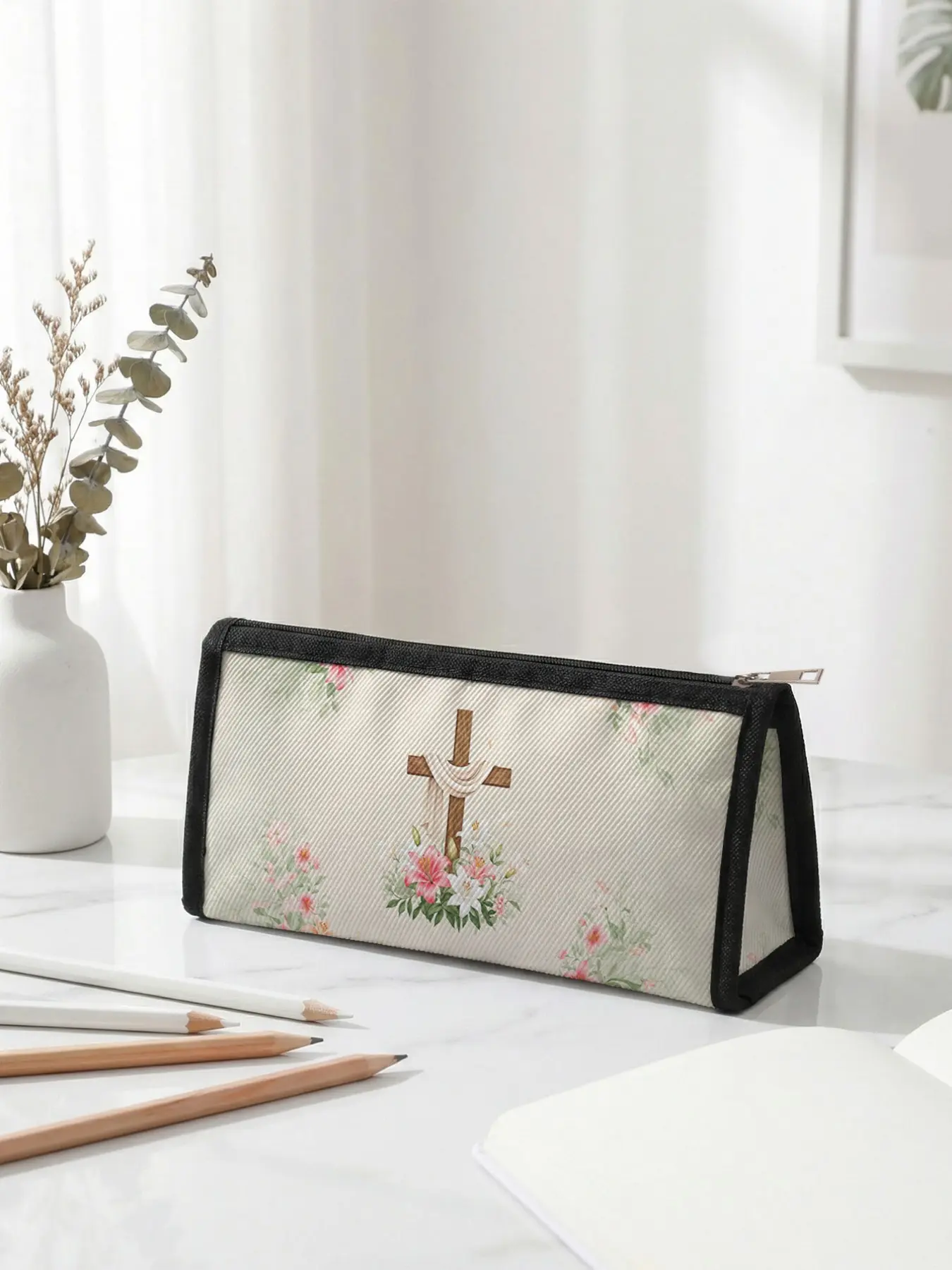 1 piece of Easter limited edition pencil case with 2D printed floral cross design, ergonomic triangular capacity for portable size|Perfect for students in class/office organization, blending festive atmosphere with practicality