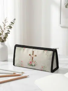 1 piece of Easter limited edition pencil case with 2D printed floral cross design, ergonomic triangular capacity for portable size|Perfect for students in class/office organization, blending festive atmosphere with practicality