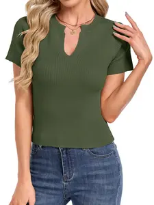 AUSELILY Women's Notch Neck Short Sleeve Sweater Top Slim Fit Lightweight Knit Shirt Casual Summer Pullover 2026