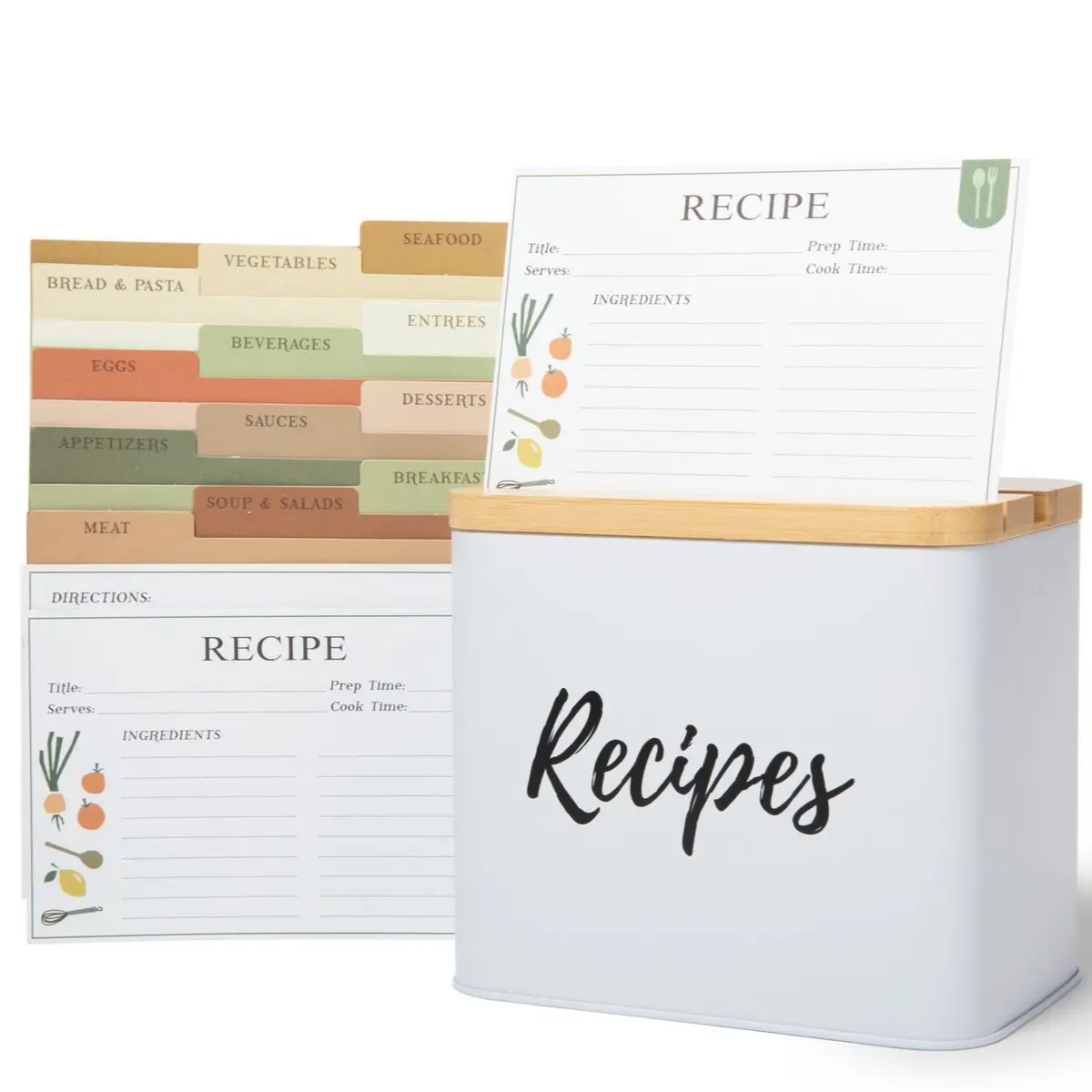 Simplistic Charms Recipe Box Kitchen Organizer Tin Decor with Wooden Lid 100 Recipe Cards & Protectors Colorful Containers Metal Utensils Handy Set Canister