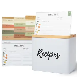 Simplistic Charms Recipe Box Kitchen Organizer Tin Decor with Wooden Lid 100 Recipe Cards & Protectors Colorful Containers Metal Utensils Handy Set Canister