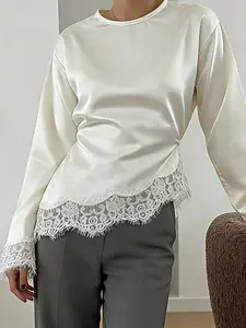 Women's 2026 Fashion Vintage Bow Tie Lace T-Shirt, Round Neck Long Sleeve Solid Asymmetrical Hem Top, Elegant Feminine Casual Daily Wear