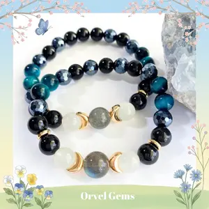 Triple Moon Protection Bracelet – Moonstone, Black Obsidian, Blue Tiger’s Eye, Hematite & Tourmalinated Quartz – Celestial Jewelry for Moon Phases & Manifestation Adjustable Bangle