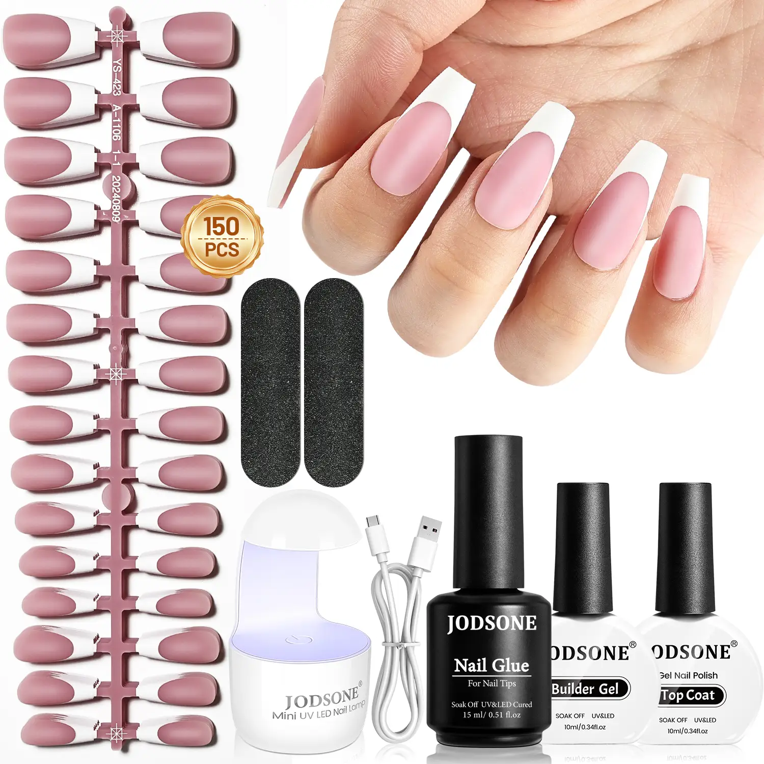 JODSONE 154PCS French Gel Nail Tips Kit French Tip Press on Nails Soft Fack Nail Tips Gel Nail Glue,Builder Gel,Top Coat,Nail Lamp All Included for Na