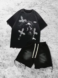 Men's printed T-shirts featuring designs including letters, crosses, and images of Jesus; casual, loose-fitting short-sleeved T-shirts perfect for summer; retro-style athletic shorts sets suitable for everyday wear.