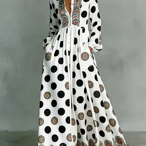 Women's New High Waisted Long Sleeves Big Hemline Buttoned Contrast Color Pleated Pockets Polka-Dot Stand Collar Maxi Dresses
