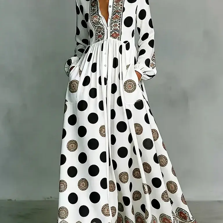 Women's New High Waisted Long Sleeves Big Hemline Buttoned Contrast Color Pleated Pockets Polka-Dot Stand Collar Maxi Dresses