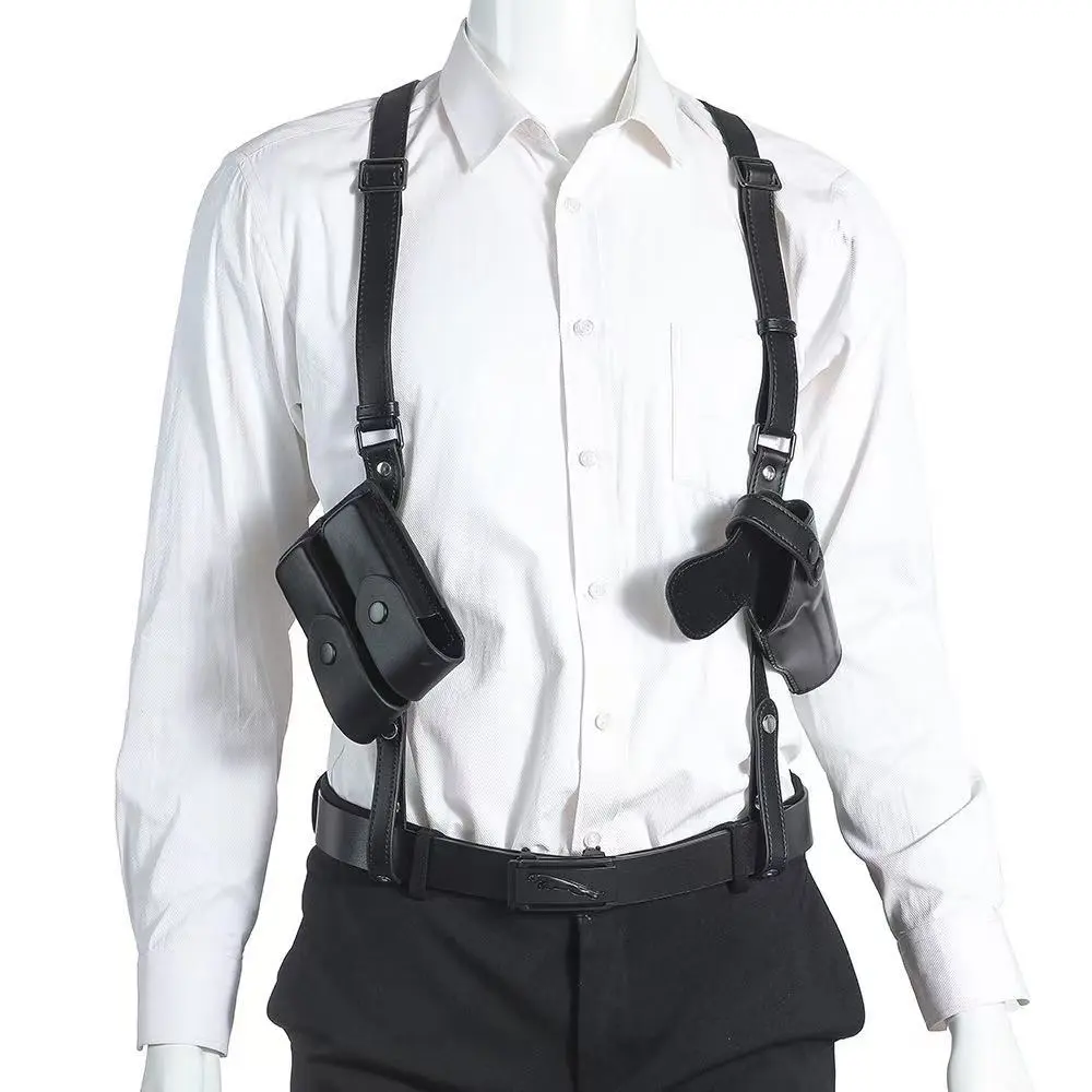 Genuine Leather Adjustable Shoulder Holster with Dual Clips, Tactical Accessories, Vertical Concealment, Magazine Carry, Universal Fit for 1911 & Most Handguns, Hunting Survival Equipment (Brown), Fits 1911