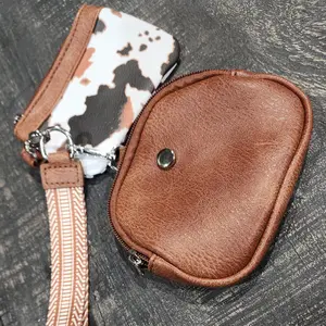 Dual Pouch Wristlet Faux Leather Cow Print Silver Metal Hardware