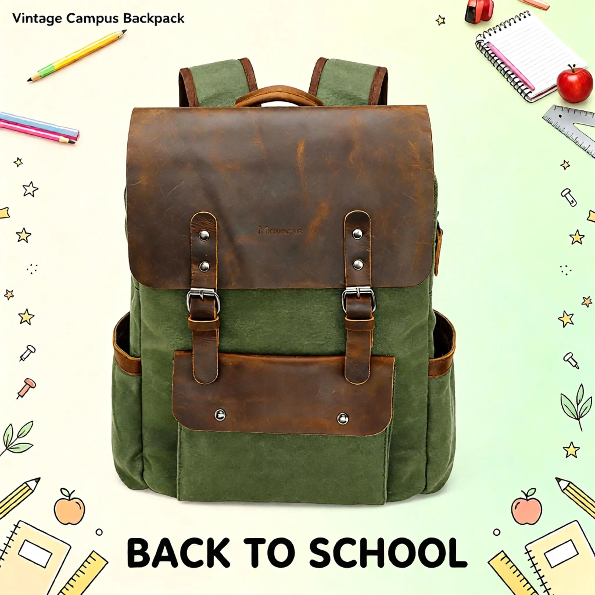 Modoker Waxed Canvas Backpack, Vintage Chic Carry On Luggage with Cow Hide Accents for 15.6in Laptop, Water Repellent Rucksack for Everyday Carry, Retro Style, Magnetic, Commute, Men/Women, Mottled Wax, Multi-Pocket, TikTokShopBackToSchool, Crazy Horse, C
