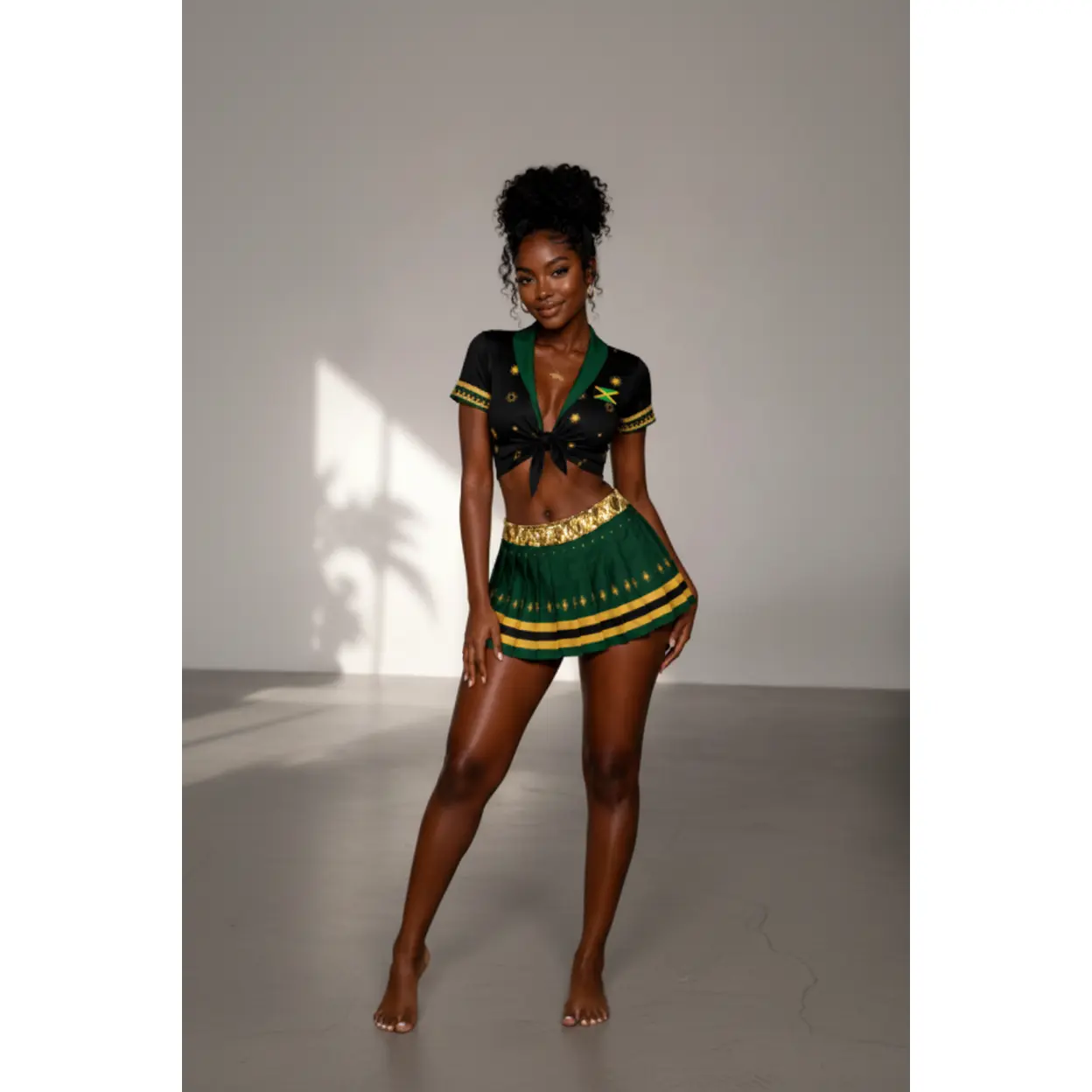 Jamaican Flag Cheerleader Outfit - Black Green Gold Crop Top & Pleated Mini Skirt Set
