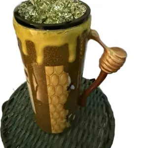 Bee Inspired Epoxy Tumbler with Honeycomb Design and Honey Dipper Handle for Unique Drinkware