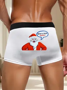 Men's Christmas Themed Stretch Boxer Shorts, Fun Santa Print, Casual Fitted Style, Moderate Fabric Thickness, All Seasons Wear