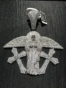 M2-2352 Iced Out Angel with Cross Pendant - Religious Hip Hop Necklace, Full Micro Pave CZ Stones, Streetwear Statement Piece