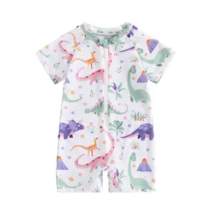 Toddler Baby Boy Swimsuit Dinosaur Print Bathing Suit Half Zip Up  Romper Summer Rash Guard Bathing Suit