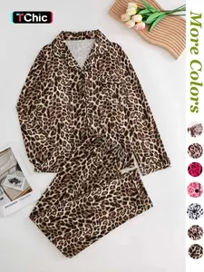 Women's Leopard Print Button Front Pocket Lapel Shirt & Elastic Waist Pants Pyjama Two-piece Set, Casual Comfy Pocket Long Sleeve Top & Trousers Pj Set, Women's Sleepwear for Spring & Fall, Loungewear Set Women, Leopard Print Pajamas