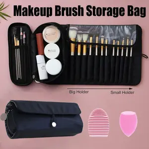 1 Pcs Portable Makeup Brush Organizer Makeup Brush Bag for Travel Can Hold 20+ Brushes Cosmetic Bag Makeup Brush Roll Up Case Pounch Holder for Woman With Bonus Brush Cleaning Mat and Makeup Sponge storage gift