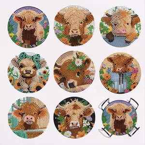8-Piece Diamond Embroidery Coaster Set Animal Cow Pattern Diamond Pattern Design (with Stand), DIY Diamond Art Craft Kit for Beginners, Home Decoration Gift, Diamond Painting Kit
