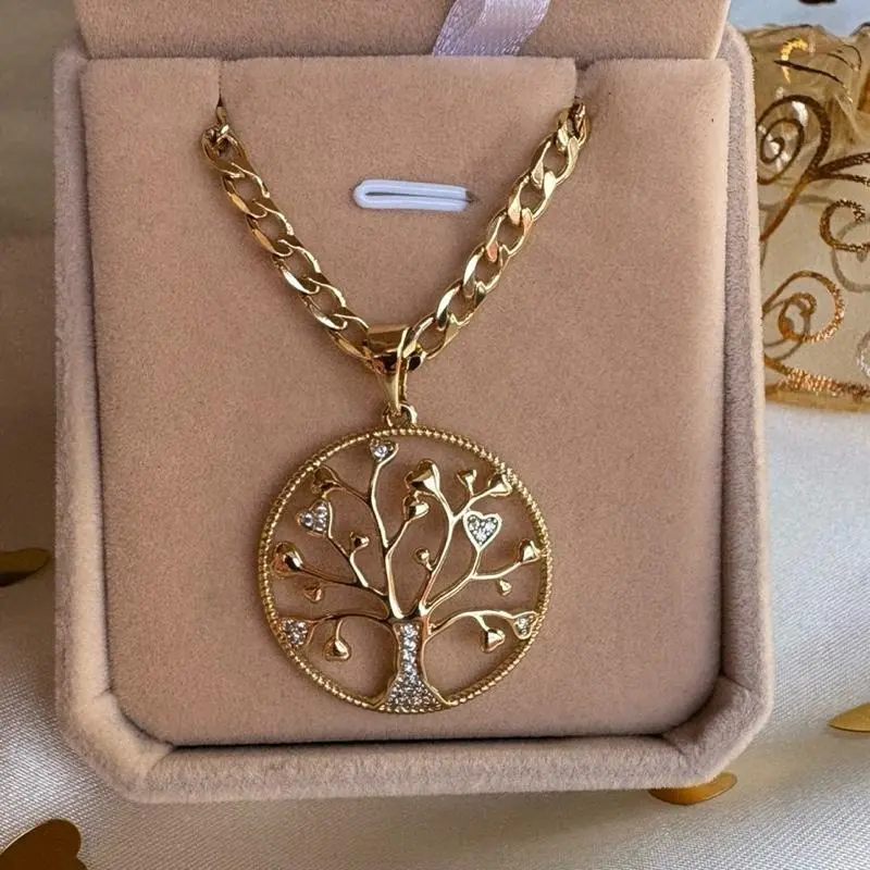 Xuping Cuban Link Chain Jewelry Necklace with Laminated Gold Tree of Life Pendant, Durable Metal Coating Jewelry Accessory for Daily Wear, Anniversary Gifts, Chain Jewelry Necklaces