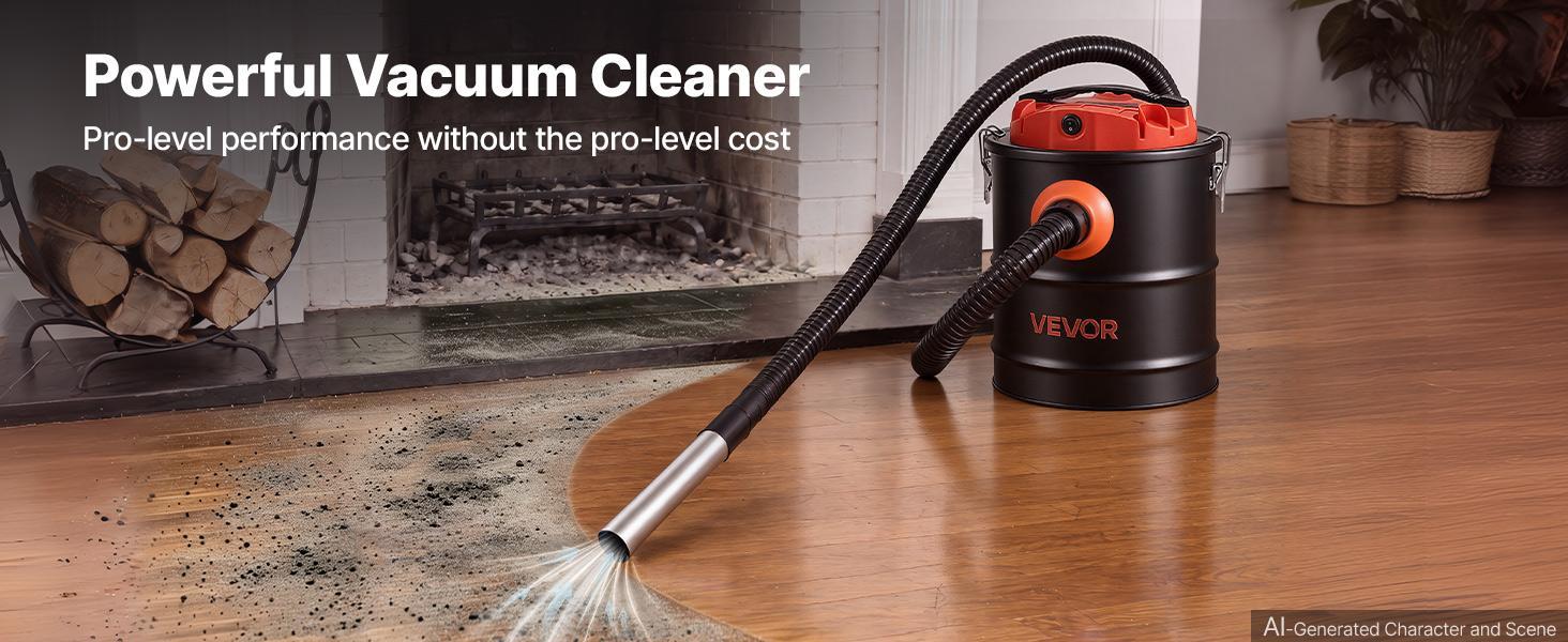 VEVOR Ash Vacuum 4 Gallon, 1200W Powerful Fireplace Cleaner Steel Body, for Fireplaces, Pellet Stoves, Wood Stoves, Fire Pits, Grills, Double Stage Filtration System, 4 FT Hose, Black & Orange