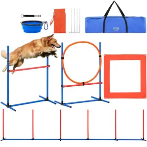 VEVOR Dog Agility Training Equipment, 4 PCS Set with Adjustable High Hurdles, 6 Weave Poles, Jump Ring, Square Pause Box, Whistle, Foldable Bowl, Puppy Obstacle Course Kit for Backyard, Indoor, Outdoor