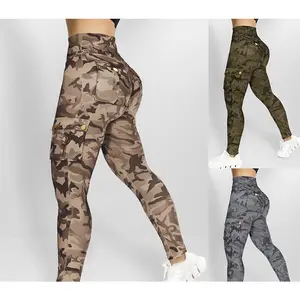 Women’s military green camouflage print high-waisted workwear pants, patch-pocket tight yoga leggings, fitness apparel, elastic fabric sportswear, stretchy sportswear