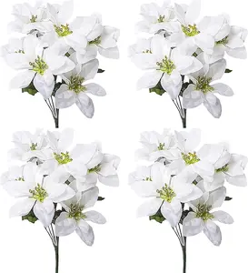 Firlar 4 Pcs Artificial Poinsettia Bouquet, 7 Stems Each, White Artificial Poin