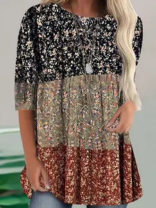Plus Size Boho Style Three-Quarter Sleeve T-Shirt Top, Women's Floral Print Colorblock Casual Stretch Top, All Seasons Wearable