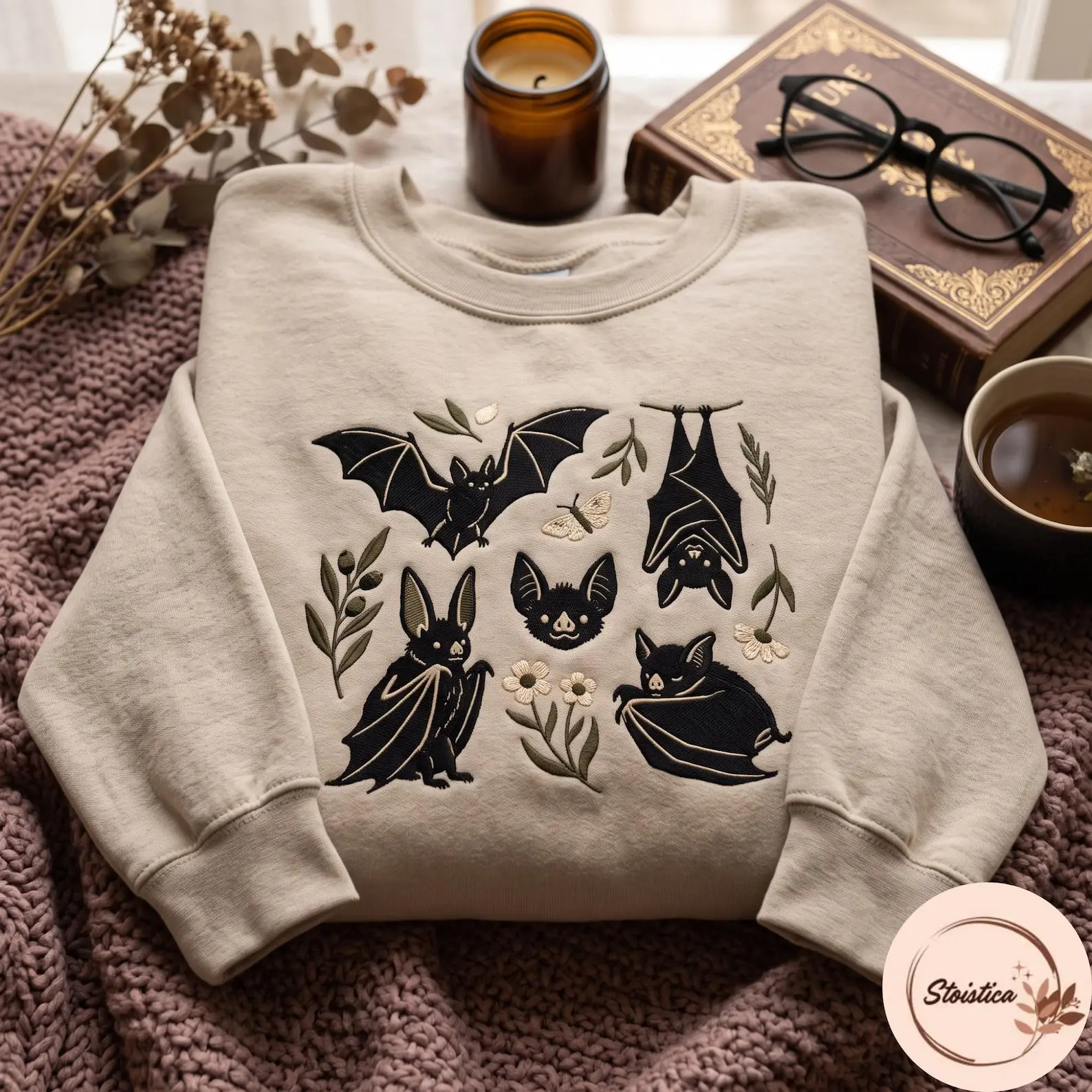 Embroidered Bat Sweatshirt, Spooky Halloween Autumn Sweater, Halloween Gift
