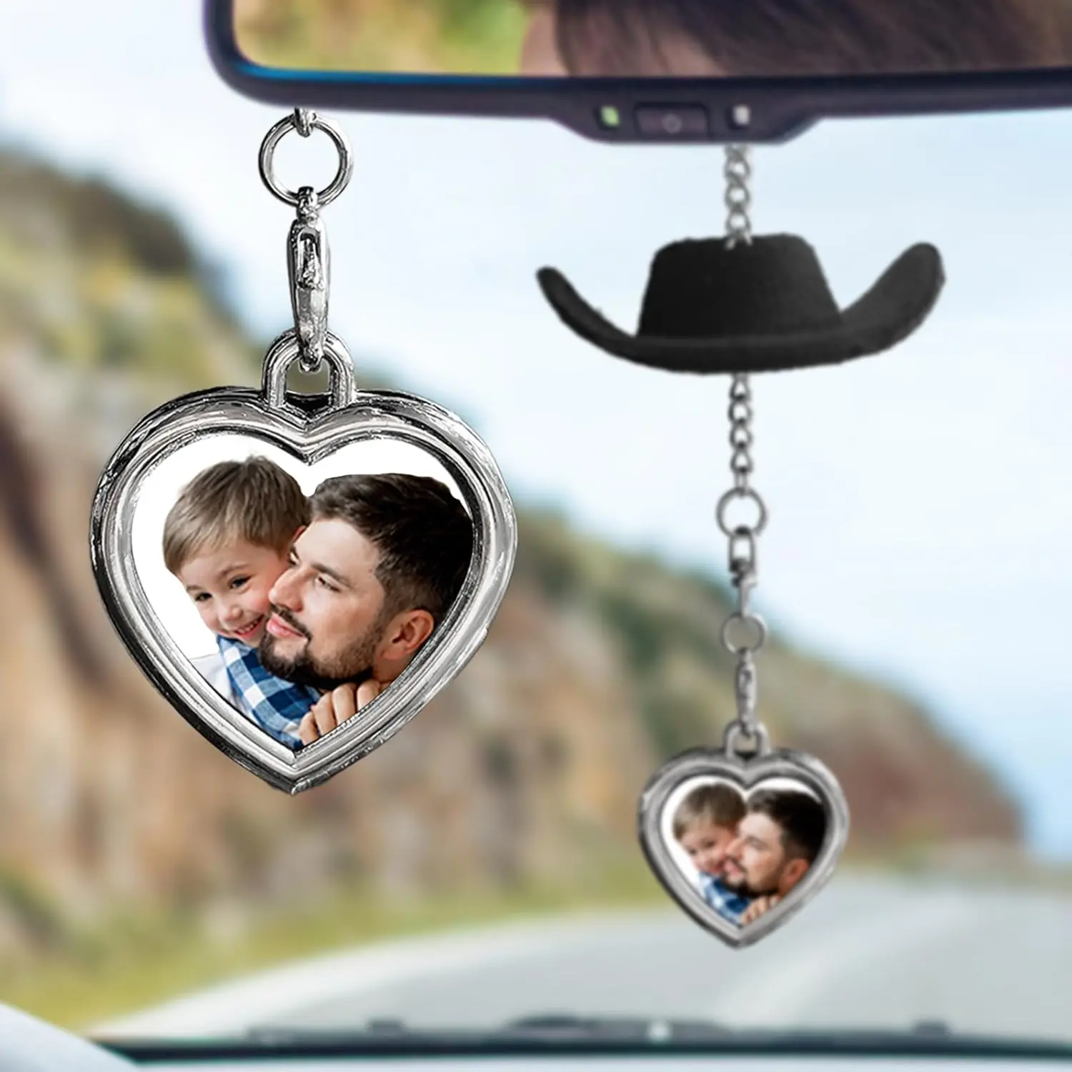 Women's Black Handcrafted Felt Hat Compact Photo Display - 4.0x2.3 Inches Personalized Photo Frame, Adjustable Chain Western Car Charm, Car Interior Decoration
