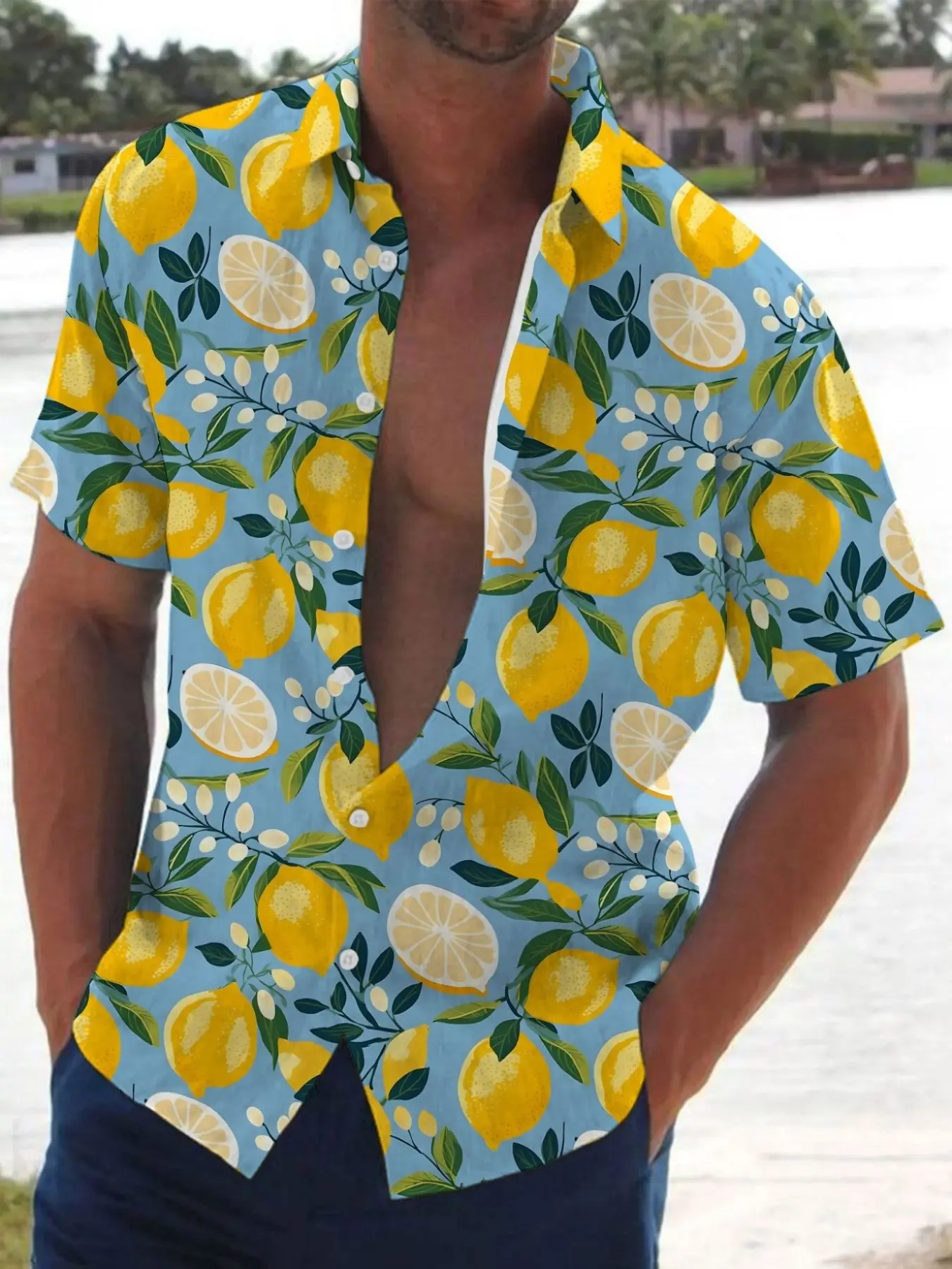 Men's Summer Hawaiian Tropical Collared Shirt Menswear Lemon Print, Soft Skin-Friendly Polyester Material, Casual Summer Style, Casual Vacation Wear, Short Sleeve Fitted Design, Limited Time Offer