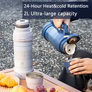2L ultra large capacity 24-hour hot and cold insulation vacuum flask, with 360 degree sealing leak proof ,handle and filter, suitable for outdoor travel and family