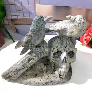 Natural Crystal 8th Vein Ocean Jasper Skull and Bird Ornaments Decor, Jewelry Accessories & Derivatives