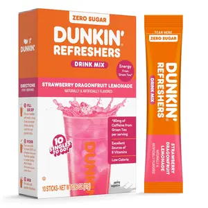 Dunkin’ Zero Sugar Refreshers Singles To Go! Powdered drink mix packets, Strawberry Dragonfruit Lemonade, 10 packets per box , Energy from Green Tea, aspartame-free, no synthetic colors, naturally and artificially flavored, just add water