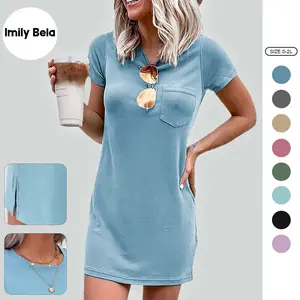 Imily Bela Women's Crew Neck Short Sleeve Pocket Casual Mini Dress Plain Classic Fit T Shirt Dress
