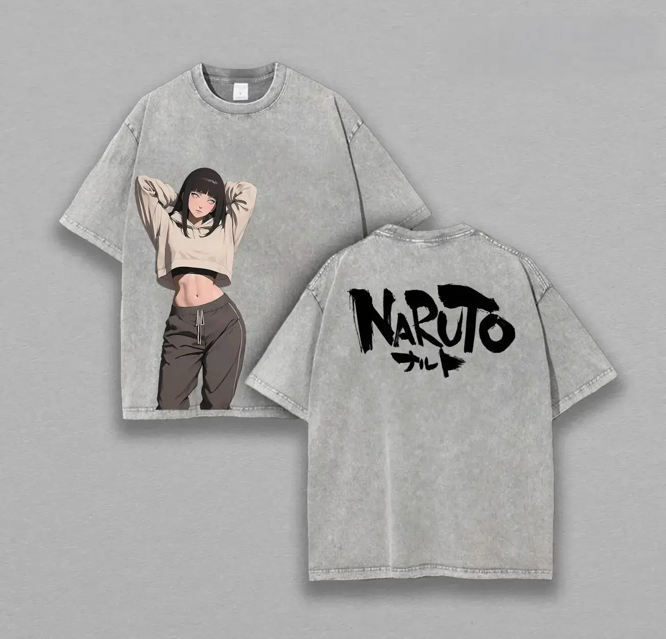Vintage Washed Anime T-shirt, Unisex Oversize Naruto x Hinata Heavyweight Cotton Top with Round Neck, Pre-washed Soft, Tshirt, Streetwear, Pure Cotton T-Shirts, Naruto Graphic Men's Short-Sleeve T-Shirts