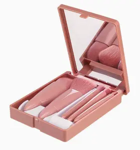 GlamKit Mini Makeup Brush Set 5PCS Travel Foundation and Powder Brush Summer Travel Essentials With Mirror Storage Case Portable Soft Synthetic Bristles All-In-One Cosmetic Tool Kit for Touch-Ups On-The-Go