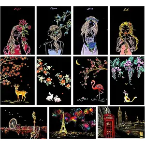 7.9"x5.5" Rainbow Landscape Engraving Magic Scratch Art Paper Mini Scratchboard Pads for Adults & Kids Craft Set, 12 Sheets Scratch Postcard Cards with Drawing Pens Brush (City Living)