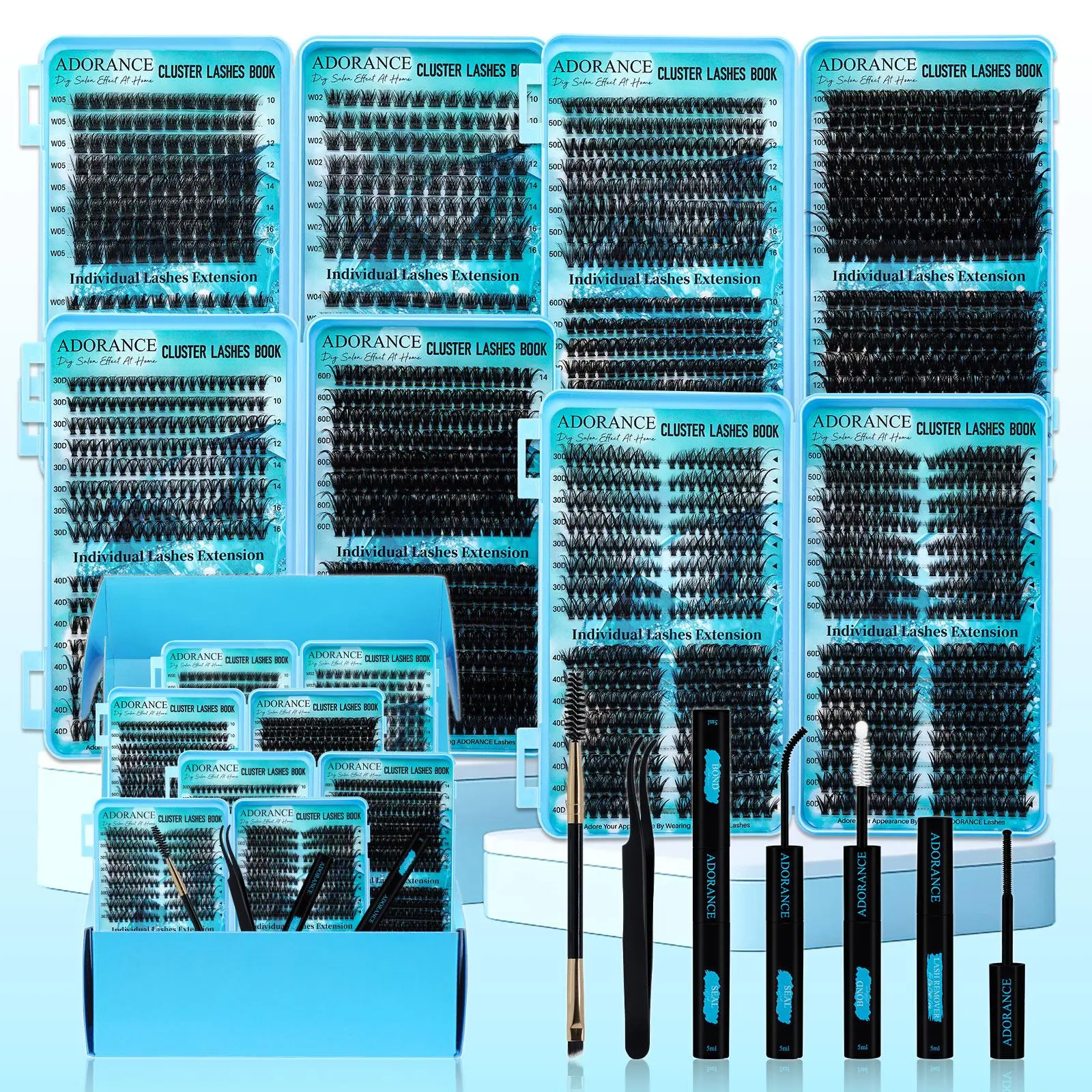 Mixed Length Individual Lashes Kit, Individual Lash Extensions, 1 Box Mixed Styles Mega Volume False Eyelashes with Bond & Seal & Lash Remover & Tweezers & Brush, Makeup, Eyelash Extension, Eyelash Extension Set