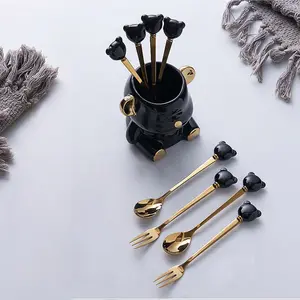 (6 Pcs) Stainless Steel Fruit Fork Bear Ceramic Storage Jar Set Household Small Fruit Insert Fruit Pick Light Luxury Coffee Spoon Tea Spoon Dessert Spoon Fork